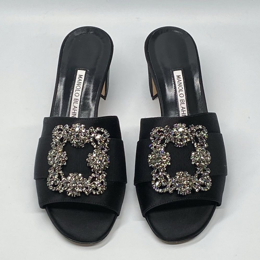 Manolo Blahnik Martanew 50MM Embellished Satin Mules size 37.5